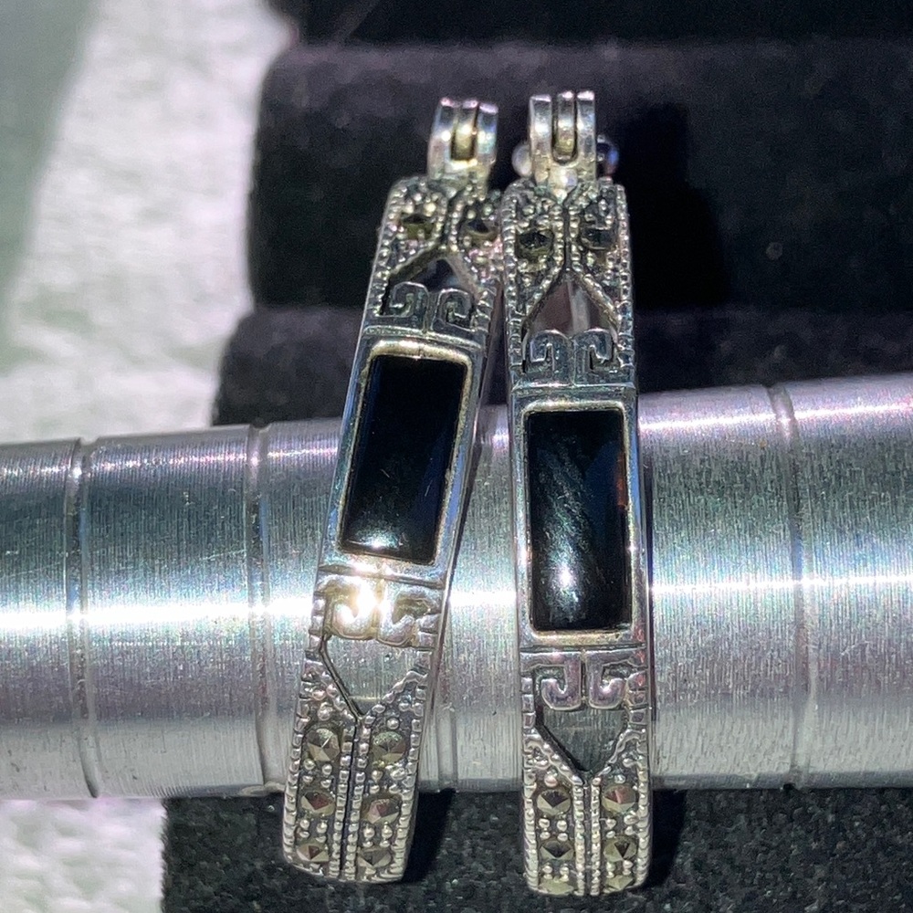Intricate SLC Black Onyx, Marcasite and Sterling Silver Hoop Earrings
